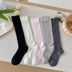 Women Calf High Socks Ribbed Vertical Stripe Breathable Solid Color JK Japanese School Style Sweet Stockings For Girls