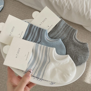 Detailed view of striped cotton ankle socks set in white, blue, and gray colors