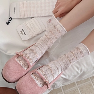 Lace hollow mid-calf socks with pink velvet Mary Jane shoes and branded packaging