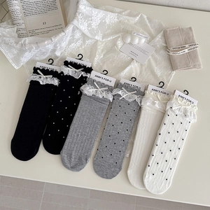 Chaussettes Lolita En Coton Pour Femmes Bordure En Dentelle Nœud Pois Côtelé Style Japonais Respirant