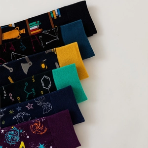 Set of 6 colorful science-themed cotton socks with physics and chemistry motifs