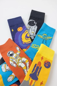 Detailed close-up of colorful astronaut and space pattern crew socks for men in cotton