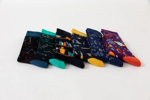 Flat lay view of cotton crew socks featuring scientific formulas and colorful math prints