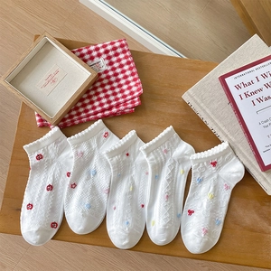 Women Cotton Mesh Ankle Socks Ruffle Lace Trim Breathable Embroidery Heart Apple Bow Pattern Japanese Sweet Preppy Style