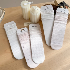 Women Slouch Socks Cotton Lace Hollow Out Breathable Ruffle Mid-Calf JK Style Sweet Flower Heart Mesh