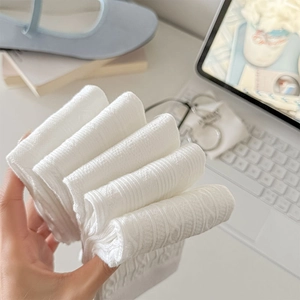 Detail of white cotton blend mid-calf socks with vertical ribbing and jacquard patterns