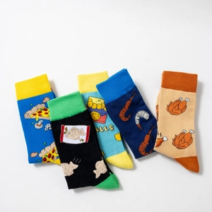 Five pairs of cotton mid-calf socks with pizza, seafood and snack knit patterns
