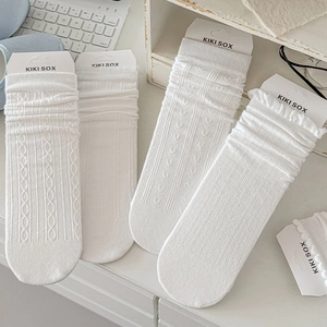 Detail shot of white cable knit socks texture and ruffled edges for women's shoes