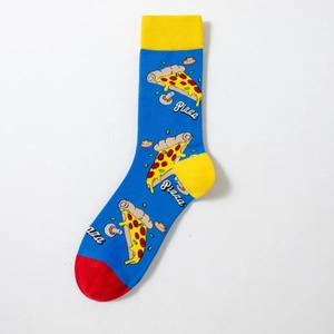 Detail of blue cotton crew socks featuring pizza graphics and yellow ribbed cuffs