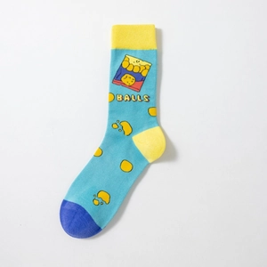 Detailed close-up of blue cotton mid-calf sock featuring a yellow potato chip graphic
