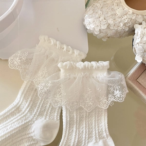 Detail von weißen Lolita-Spitzensocken mit Lochstrickmuster und Blumenstickerei-Rand