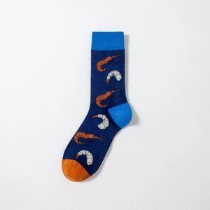 Detail view of navy cotton socks with realistic orange shrimp patterns and contrast toe