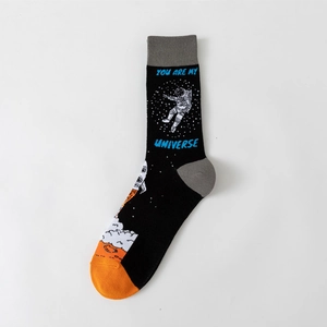 Detail of astronaut crew socks with You Are My Universe text and colorful heel accents
