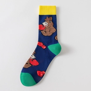 Détails de chaussettes en coton bleu marine avec jacquard de cheval boxeur et talon