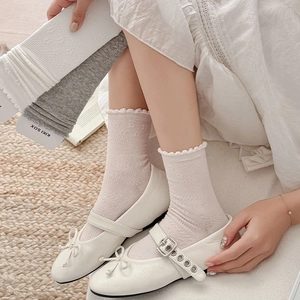 Detail of sweet floral lace crew socks with textured patterns and lettuce trim