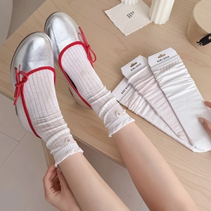 Lace crew socks with red heart embroidery paired with stylish Mary Jane shoes