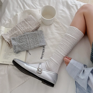 Detailed knit texture of grey ballet-style knee-high socks with silver Mary Jane shoes