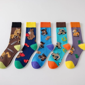 Chaussettes Mi-Mollet Rigolotes Cheval Dessin Animé Mélange Coton Jacquard Couleur Contrastée Nouveauté Hommes Unisexe