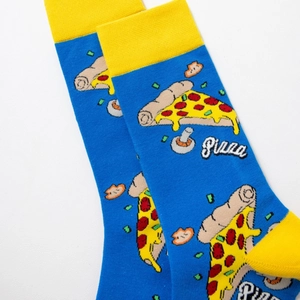 Detail of blue cotton socks featuring pizza and mushroom patterns with yellow heels
