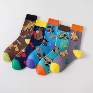 Lot de 5 paires de chaussettes en coton pour hommes avec motifs de chevaux multicolores