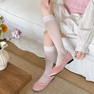 Detailed texture of pink vertical striped calf socks paired with satin Mary Jane shoes