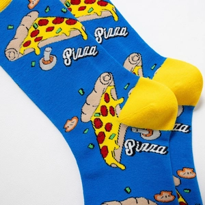 Detail of blue crew socks featuring colorful pizza slice and mushroom knit patterns