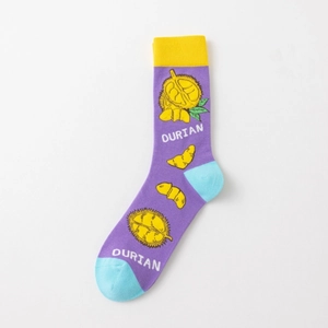 Detail of cotton crew socks featuring purple fabric and colorful durian fruit patterns