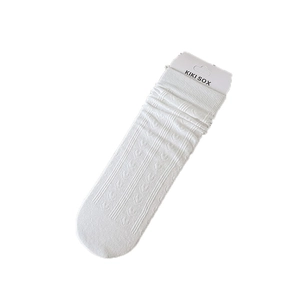 Japanese style white cable knit crew socks with ribbed texture and heart pattern details