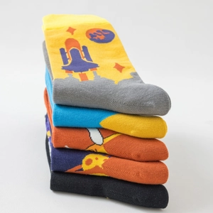 Men's cotton crew socks featuring colorful astronaut and rocket patterns in a multi-pack set