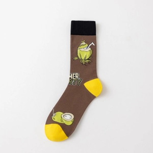 Detail of brown cotton sock featuring coconut drink graphics and Summer Party typography