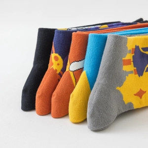 Men's cotton crew socks set featuring colorful astronaut cartoons and stylish knit patterns