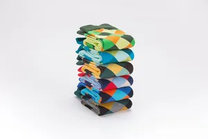 Detailed stack of multi-colored Argyle patterned crew socks in premium soft knit cotton