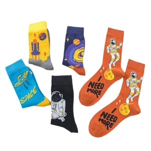 Fashionable cotton crew socks for men featuring astronaut and space theme illustrations