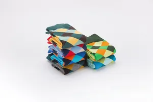 Close-up of colorful diamond pattern socks featuring vibrant geometric knit textures