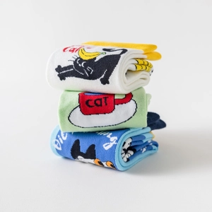 Detailed view of high-quality cotton socks featuring colorful cartoon cat jacquard patterns
