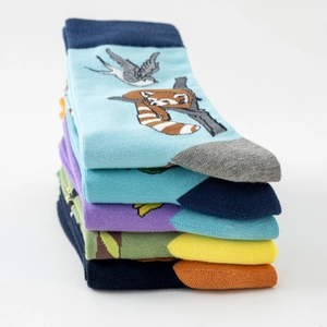 Detailed view of five pairs of cotton socks featuring embroidered panda and bird patterns