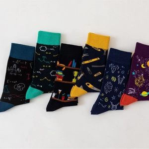 Set of 6 colorful cotton crew socks featuring science formulas and geometric patterns