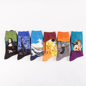 Close-up of artistic cotton socks set featuring iconic world-famous paintings