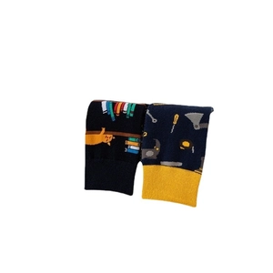 Men's abstract pattern mid-calf cotton socks with thick heel featuring cat and tool knit