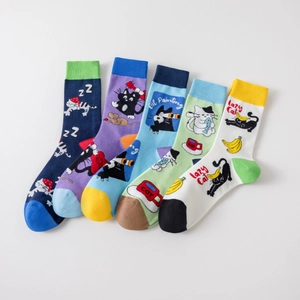 Five pairs of men's cotton crew socks with colorful cartoon cat jacquard patterns