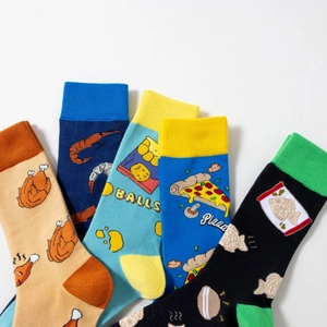 Five pack of men's cotton crew socks with colorful food patterns like pizza and turkey