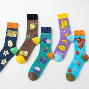 Five pack of men's cotton crew socks featuring colorful tropical fruit patterns