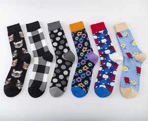 Detailed set of six casual crew socks with vibrant patterns like checkerboard and cats