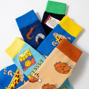 Men's cotton crew socks with fun food patterns like shrimp and pizza on white background