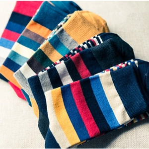 Men's stylish cotton mid-calf socks with colorful horizontal stripes in various vibrant tones