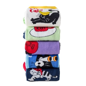 Five pack of colorful cotton socks with cute cat jacquard patterns for men and women