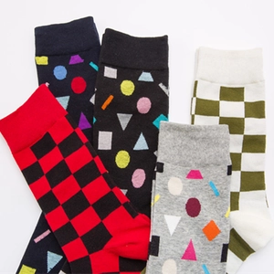 5-pack men's mid-calf cotton socks with stylish checkerboard and geometric patterns
