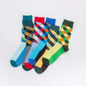 Five pack of men's argyle crew socks featuring colorful knit patterns and elastic cuffs