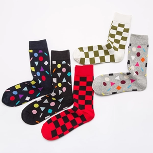 Five-pack of men's stylish cotton crew socks featuring various colorful geometric patterns