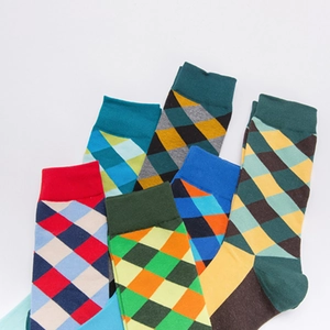 Men's colorful argyle pattern crew socks in a 5-pair multi-color cotton blend set